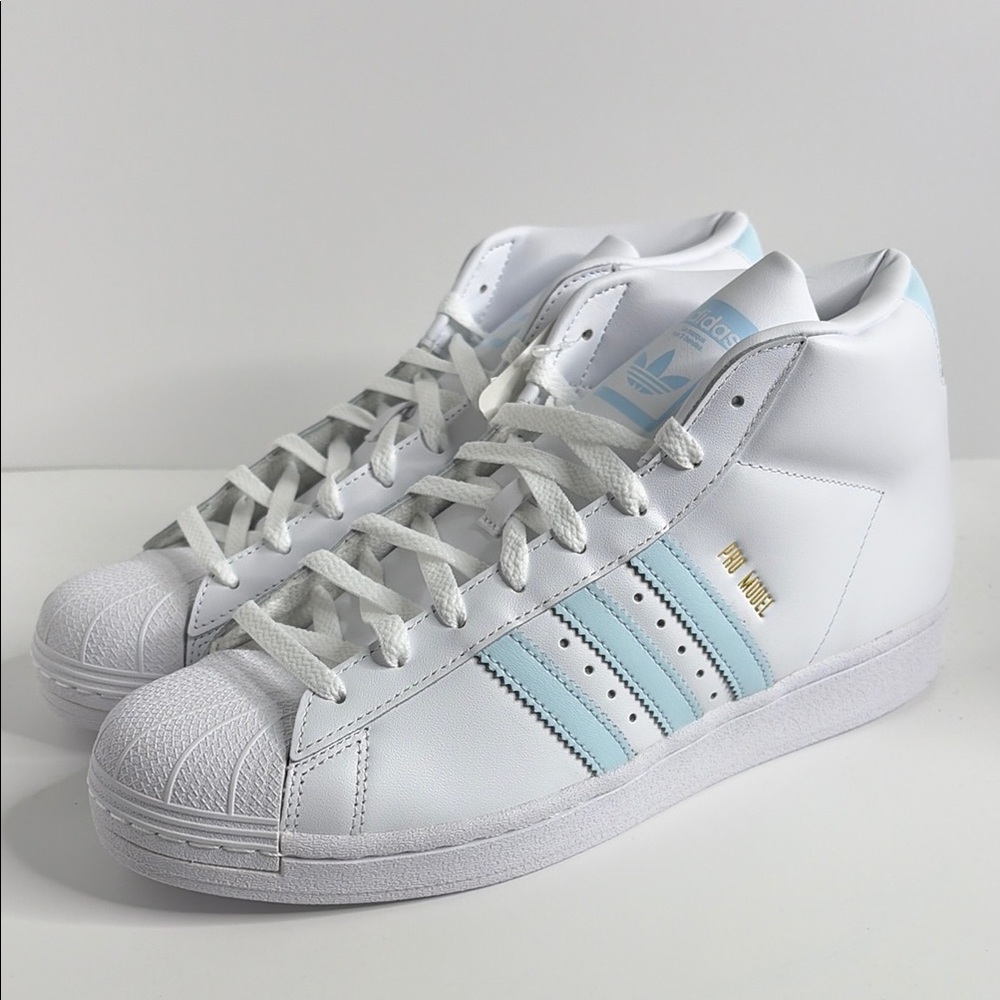 adidas NEW White High-Top Pro Model Sneakers with Pale Blue Stripes FV4492 - Picture 5 of 7